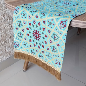 Turquoise Tile Table Runner: Oriental Chenille Fabric with Fringe