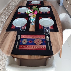Handmade Chenille Placemat: Rug Pattern, Blue, Red & Black (14x18&quot; inches)