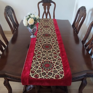 Long Dining Table Runner, Tile Pattern Green & Red Colors 20x78&quot;inches,Traditional Handmade Table Runner, Oriental Table Runner.