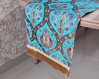 Turquoise Tulip Pattern Table Runner 13x40"inches, Dining Table Runner, Coffee Table Runner, Oriental Table Runner, Kitchen Table Runner.