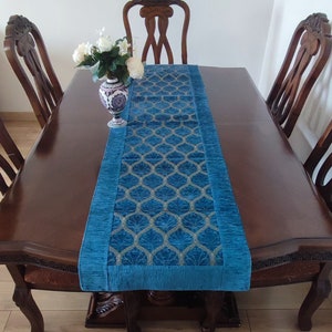 Long Modern Pattern Table Runner Blue & Silver Colors 20x78&quot;inches,Oriental Handmade Table Runner,Authentic Table Runner,Dining Table Runner