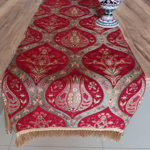 Coffee Table Runner Tulip Pattern Red Color 13x40"inches,Turkish Handmade Table Runner, Kitchen Table Runner, Dining Table Runner.