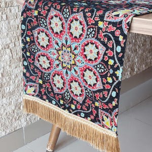 Black Medallion Table Runner: Turkish Chenille Fabric, Fringed Ends