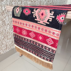 Black & Red Turkish Table Runner: Rug Pattern Chenille Fabric
