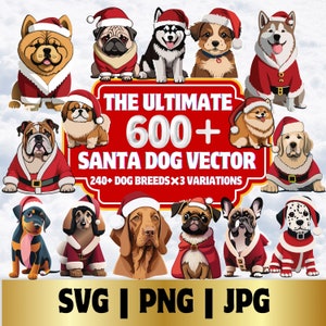 Santa Hund Weihnachten Vektor-Clipart-Bundle, 600+ Santa Hunderassen Weihnachten Sublimation, SVG-Schnittdateien, Cricut, Weihnachten PNG, Hundeaufkleber