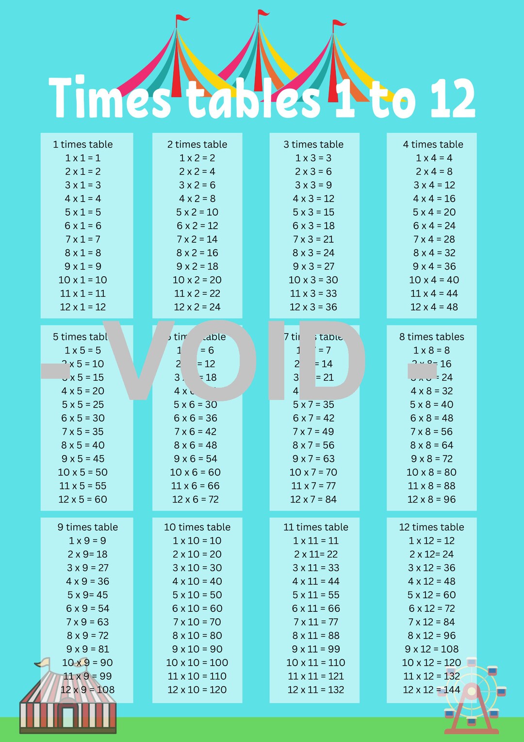 Times Tables 1 to 12 Poster Carnival Childrens Maths Wall Etsy
