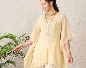 Cream Embroidered Silk Kaftan Top, Resort Wear, Plus Size Indian Designer