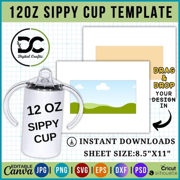 12oz Sippy Cup Template ,Kids Water Bottle Template, Sippy Cup Sublimation, Flip top tumbler Template PSD, PNG, SVG, Dxf 8.5x11" sheet