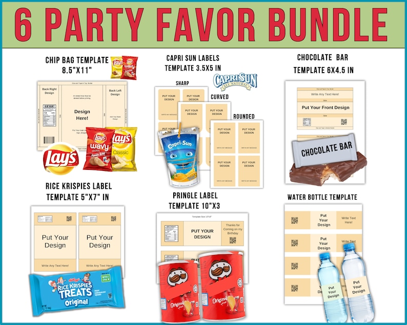 6 Party Favor Template Bundle, Chip Bag Template, Water Bottle Labels, Chocolate Bar , Pringles Template, Party Favor , SVG , Canva Editable zdjęcie 2