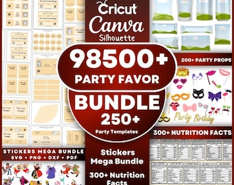 98500+ Party Favor Templates Bundle, Wasserflaschenetiketten, Chiptütenvorlage, Gastgeschenke, Schokoladentafel, Capri Sun Etiketten, Nährwertangaben