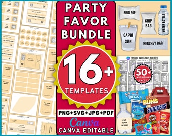 16+ Party Favor Template Bundle, Party Favors Bundle, Chip Bag Template, Water Bottle Labels, Party Favours Template, Nutrition Facts,