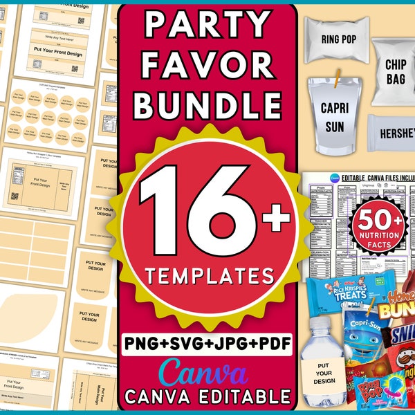 16+ Party Favor Template Bundle, Party Favors Bundle, Chip Bag Template, Water Bottle Labels, Party Favours Template, Nutrition Facts,