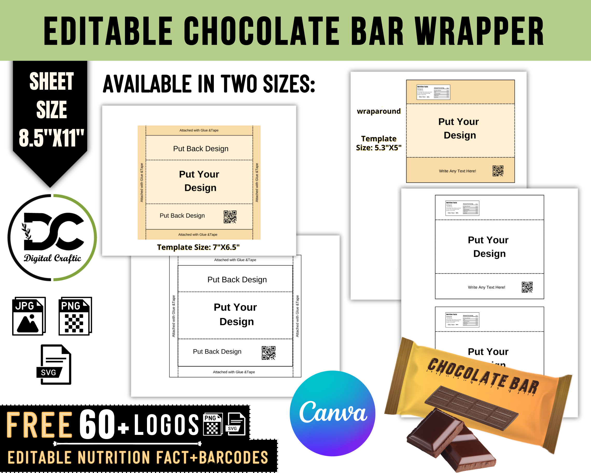 chocolate bar wrapper template 1.55 oz, canva editable blank