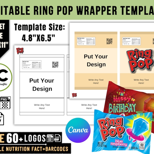 Blank Ring Pop Template, Canva Editable Ring Pop Wrapper Template, Candy Ring Pop Label, Chip Bag Template, Party Favor Candy Bar Label