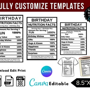 Birthday Nutrition Facts Label Template, Party Favor Logos (canva