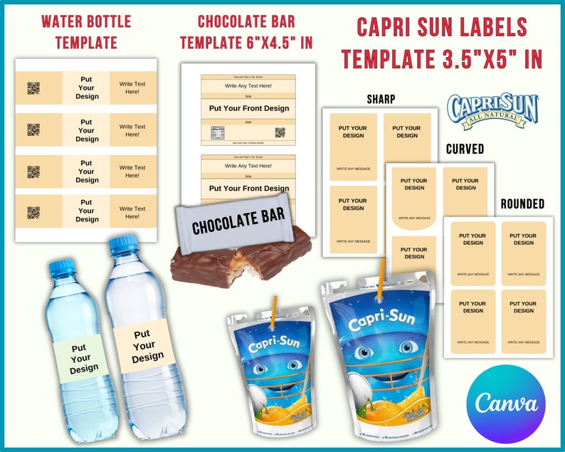 6 Party Favor Template Bundle, Chip Bag Template, Water Bottle Labels, Chocolate Bar , Pringles Template, Party Favor , SVG , Canva Editable zdjęcie 5