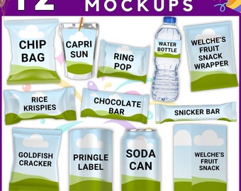 12 Party Favor Mockups Bundle - Party Favor Mockup Bundle, Chip bag, Water Bottle Mockup, , Juice Pouch, Canva Frame Mockup Bundle, Mock ups