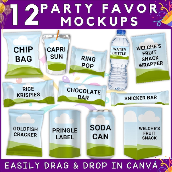 12 Party Favor Mockups Bundle - Party Favor Mockup Bundle, Chip bag, Water Bottle Mockup, , Juice Pouch, Canva Frame Mockup Bundle, Mock ups