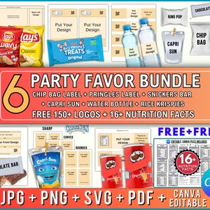 6 Party Favor Template Bundle, Chip Bag Template, Water Bottle Labels, Chocolate Bar , Pringles Template, Party Favor , SVG , Canva Editable