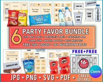 6 Party Favor Template Bundle, Chip Bag Template, Water Bottle Labels, Chocolate Bar , Pringles Template, Party Favor , SVG , Canva Editable