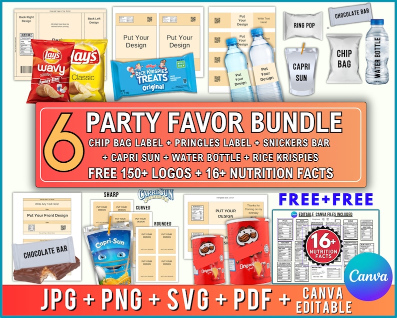 6 Party Favor Template Bundle, Chip Bag Template, Water Bottle Labels, Chocolate Bar , Pringles Template, Party Favor , SVG , Canva Editable zdjęcie 1