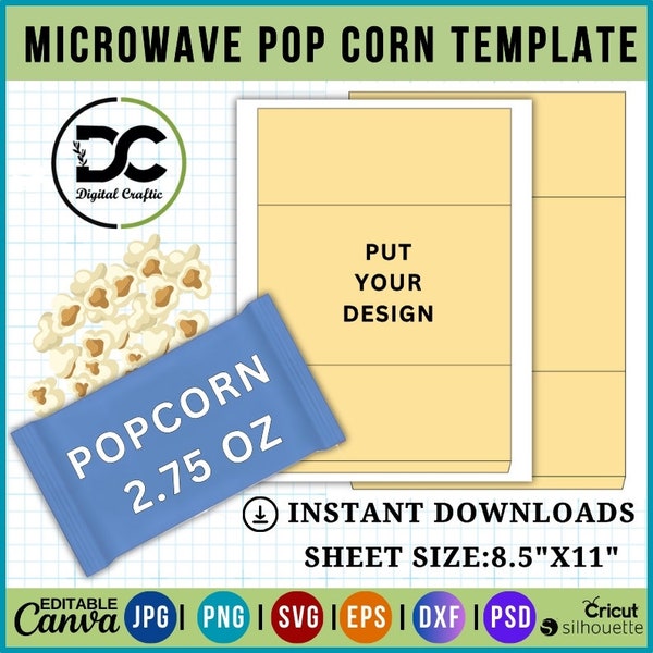 2.75 Oz Pop Corn label Template, Microwave PopCorn Wrapper Template, PopCorn Wrapper Template, Png, Psd, 8.5"x11" sheet