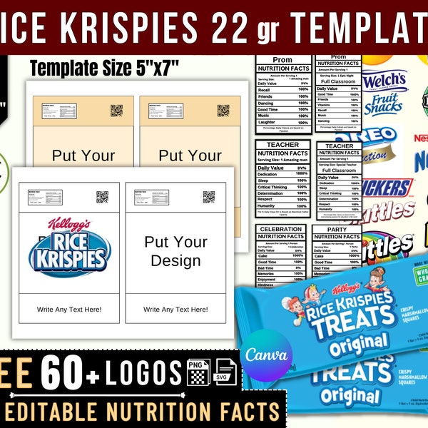 22gr Rice Krispies Template, Rice Krispies Treats, Rice krispies Wrapper, Party Template  Nutrition Facts Editable Template party favor