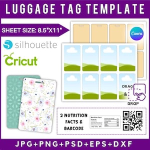 Puede incluir: Plantilla de etiqueta de equipaje con un tamaño de hoja de 21,6 cm x 27,9 cm. El diseño incluye varios diseños de etiquetas de equipaje, incluidos patrones florales y geométricos. La imagen también presenta los logotipos de Silhouette y Cricut, junto con el logotipo de Canva. El texto incluye "2 Nutrition Facts & Barcode".