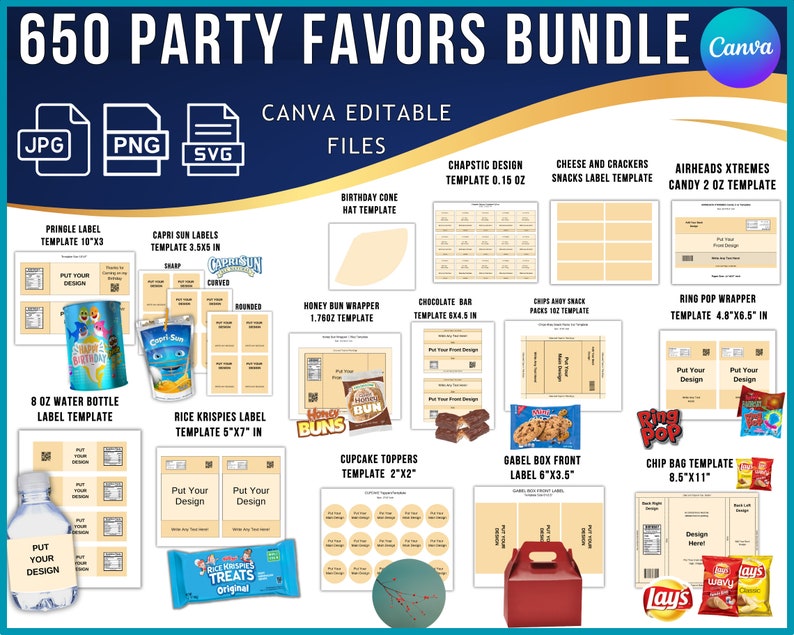 650 Party Favor Templates Bundle , Party Templates , Chip bag Template , Party Favors , Capri Sun Labels , Ring Pop , Chocolate Bar Wrappers image 2