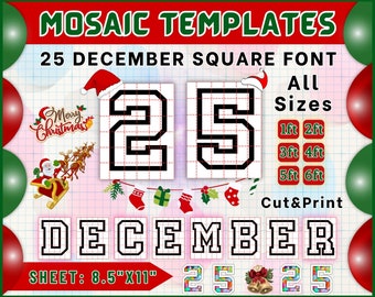 25 December Numbers Mosaic Balloons Templates, Christmas Numbers Mosaic, Christmas Square Numbers, Printable PDF, 8.5"x11" ,1ft to 6ft