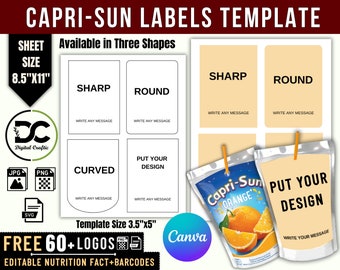 Etiquettes capri soleil| Étiquettes modifiables pour pochettes pour sacs de jus de fruits Canva| Modèle de bonbonnière| Modèle Capri Sun vierge| Étiquette capri soleil personnalisée | Sac à chips