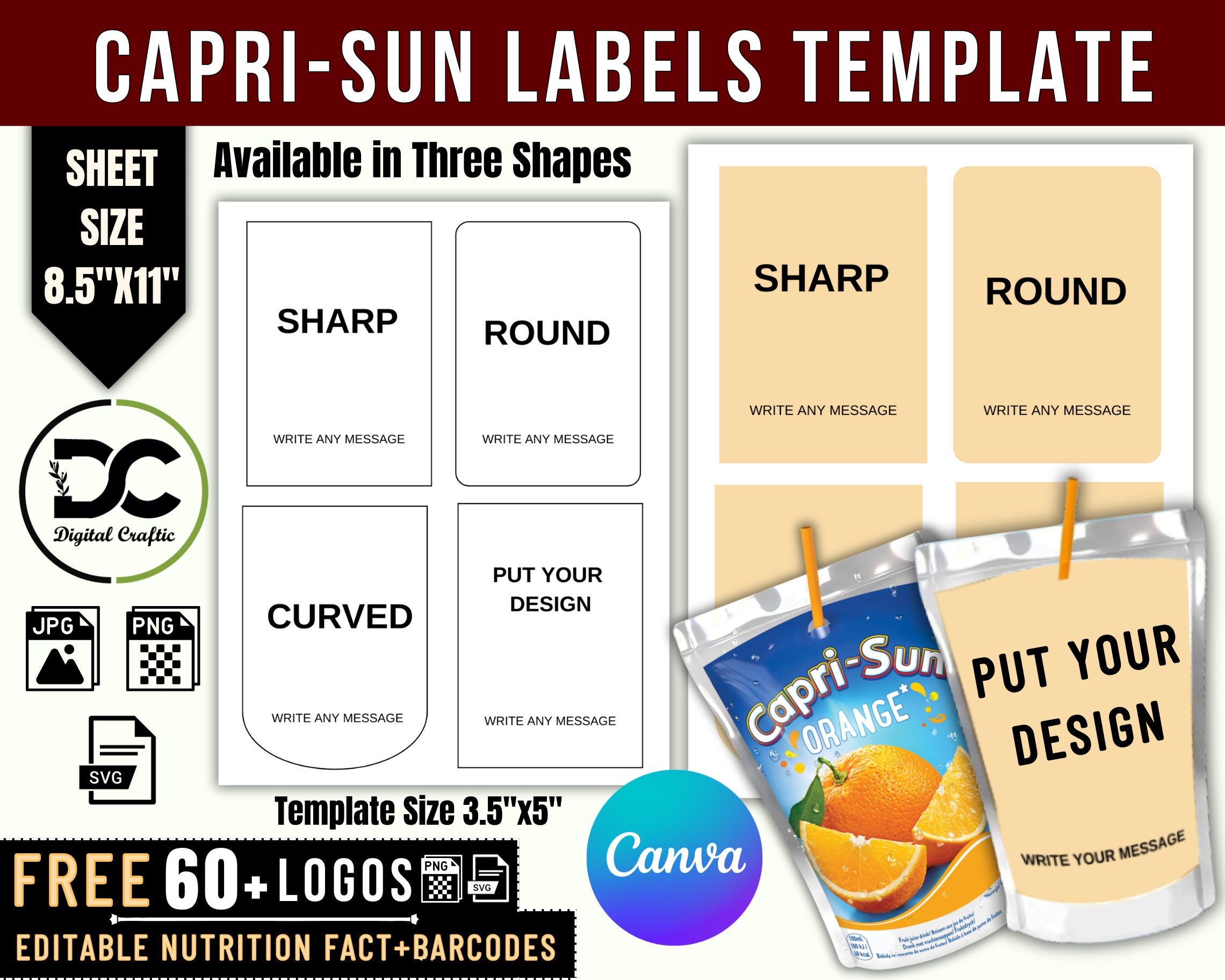 ぎゃわぎゃわさんページ Capri Sun Labels| Canva Editable Juice Bag Pouch Labels| Party