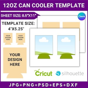 Puede incluir: Una plantilla digital para crear enfriadores de latas de 12 onzas. La plantilla incluye dos diseños, uno con una colina verde y un cielo azul con una nube blanca, y otro con el texto "YOUR DESIGN HERE". La plantilla está diseñada para usarse con máquinas de corte Cricut y Silhouette. El tamaño de la hoja es de 8,5 pulgadas por 11 pulgadas, y el tamaño de la plantilla es de 4 pulgadas por 5,25 pulgadas.