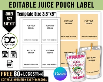 Plantilla de bolsa de jugo, etiqueta de bolsa de jugo, plantilla SVG de bolsa de jugo Canva editable, etiqueta de caja de jugo, plantilla de bolsa de chip, plantilla de favor de parte