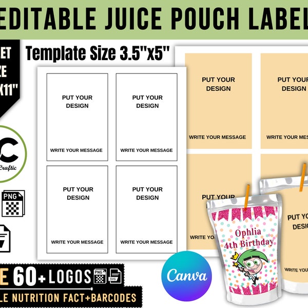 Juice Pouch Template, Juice Bag Label, Editable Canva Juice Pouch SVG Template, Juice Box Label, Chip Bag  Template, Part Favor Template