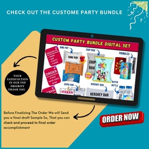 May include: A digital set of customizable party supplies, including a ring pop, chip bag, Capri Sun, Hershey bar, water bottle, and Pringles can. The image shows a tablet screen with the text "Custom Party Bundle Digital Set" and "Order Now".