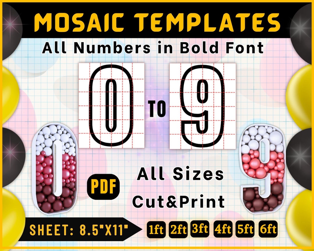 0-9 All Numbers Mosaic Balloons Templates, 6ft, 5ft, 4ft, 3ft, 2ft, 1ft, Square Numbers ...