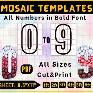 0-9 Todos os números Modelos de balões de mosaico, 6 pés, 5 pés, 4 pés, 3 pés, 2 pés, 1 pé, números quadrados, PDF para impressão, 8,5" x 11" Modelo de números de mosaico