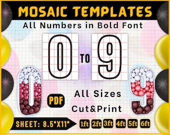 Modèles de ballons mosaïque tous chiffres 0-9, 1,8 m, 1,80 m, 1,2 m, 60 cm, 2,5 cm, chiffres carrés, PDF imprimable, modèle de chiffres mosaïque