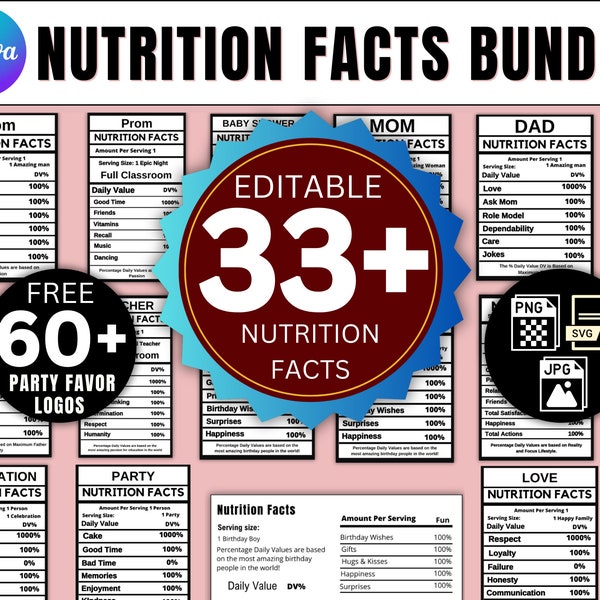 33+ Nutrition Facts Template Bundle, Nutrition Facts Labels, Party Favor Bundle , Editable Canva Nutrition Facts Template,Nutrition Template