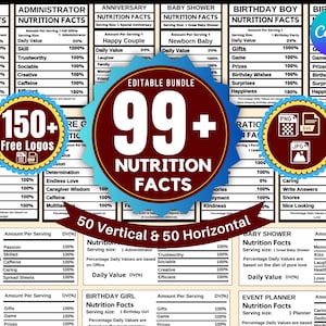 Lot de 100 modèles de valeur nutritive, étiquettes de valeur nutritive, cadeau cadeau, modèle modifiable de valeur nutritive Canva, modèle nutritionnel
