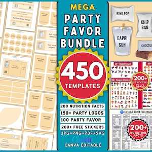 450 Party Favor Template Bundle, Chip Bag Template, Water Bottle Labels, Chocolate Bar Wrapper Template, Nutrition Facts,Party Favors Bundle