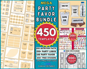 450 Party Favor Template Bundle, Chip Bag Template, Étiquettes de bouteilles d’eau, Modèle d’emballage de barre de chocolat, Faits nutritionnels, Party Favors Bundle