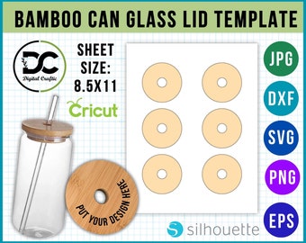 Plantilla de tapa de vidrio de lata de bambú, plantilla de tapa de lata de vidrio, tapa de bambú de lata de vidrio Libbey, sublimación del vaso de lata de vidrio, pegatina de tapa, tapa de bambú