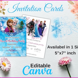 Modelo editável de cartão de convite de aniversário congelado, modelo de convite congelado, princesa, convite digital para festa de aniversário para meninas, convite