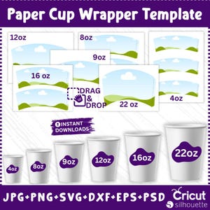 6 Modello di involucro per bicchieri di carta, Modello di bicchiere di caffè di carta, Modello di involucro per bicchieri di carta, SVG di involucro per bicchieri di carta, Etichetta per bicchieri di carta, Modelli per feste
