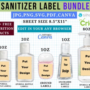 Hand Sanitize Label Template, Mini Hand Sanitizer Label Template, Hand Sanitize label SVG, Canva, 8.5x11 Sheet, Printable, Editable Labels image 1