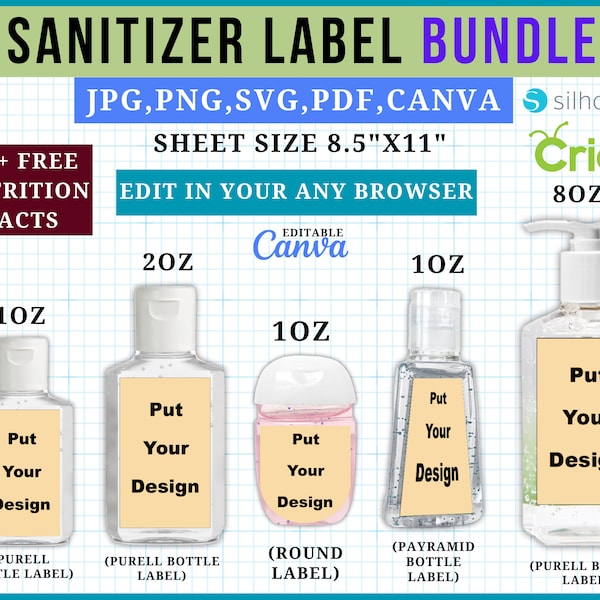 Hand Sanitize Label Template, Mini Hand Sanitizer Label Template, Hand Sanitize label SVG, Canva, 8.5"x11" Sheet, Printable, Editable Labels