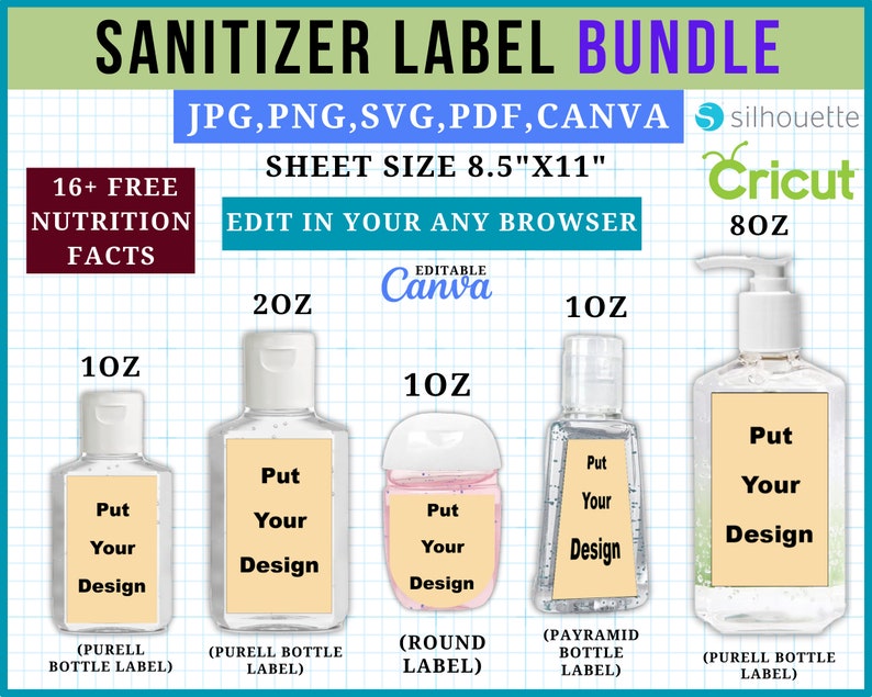 Hand Sanitize Label Template, Mini Hand Sanitizer Label Template, Hand Sanitize label SVG, Canva, 8.5x11 Sheet, Printable, Editable Labels image 1