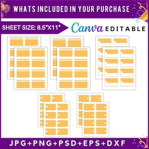 Op de afbeelding: Een set bedrukbare planner stickers in een licht oranje kleur. De stickers zijn in verschillende maten en vormen en zijn ontworpen voor gebruik in een planner of dagboek. De tekst "WHATS INCLUDED IN YOUR PURCHASE" en "SHEET SIZE: 8.5"X11"" is zichtbaar bovenaan de afbeelding. De tekst "Canva EDITABLE" is zichtbaar rechtsboven in de afbeelding. De tekst "JPG+PNG+PSD+EPS+DXF" is zichtbaar onderaan de afbeelding.